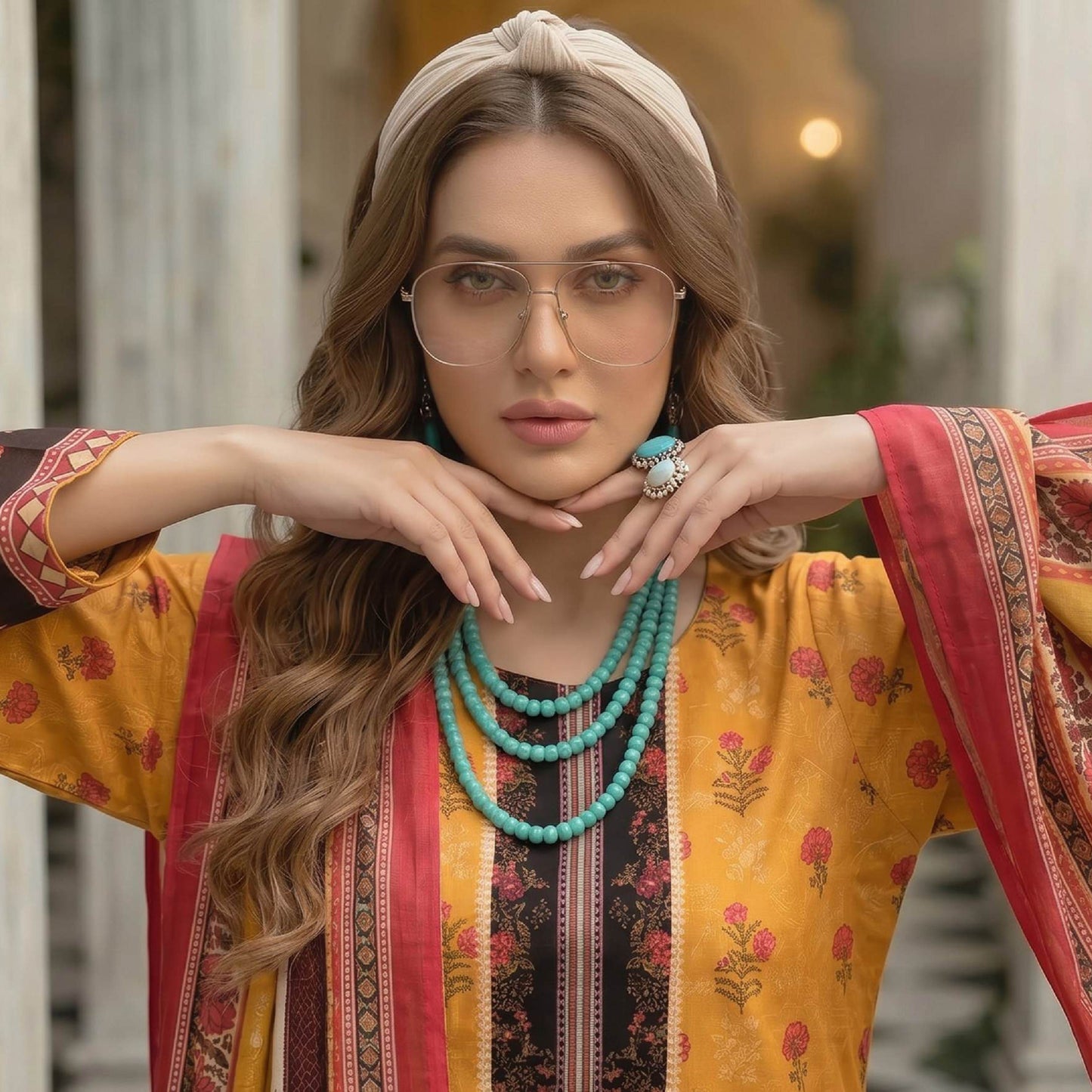 Mustard Yellow 3 Piece Unstitched Premium Lawn Suit with Heavy Printed Dupatta by Lajwana